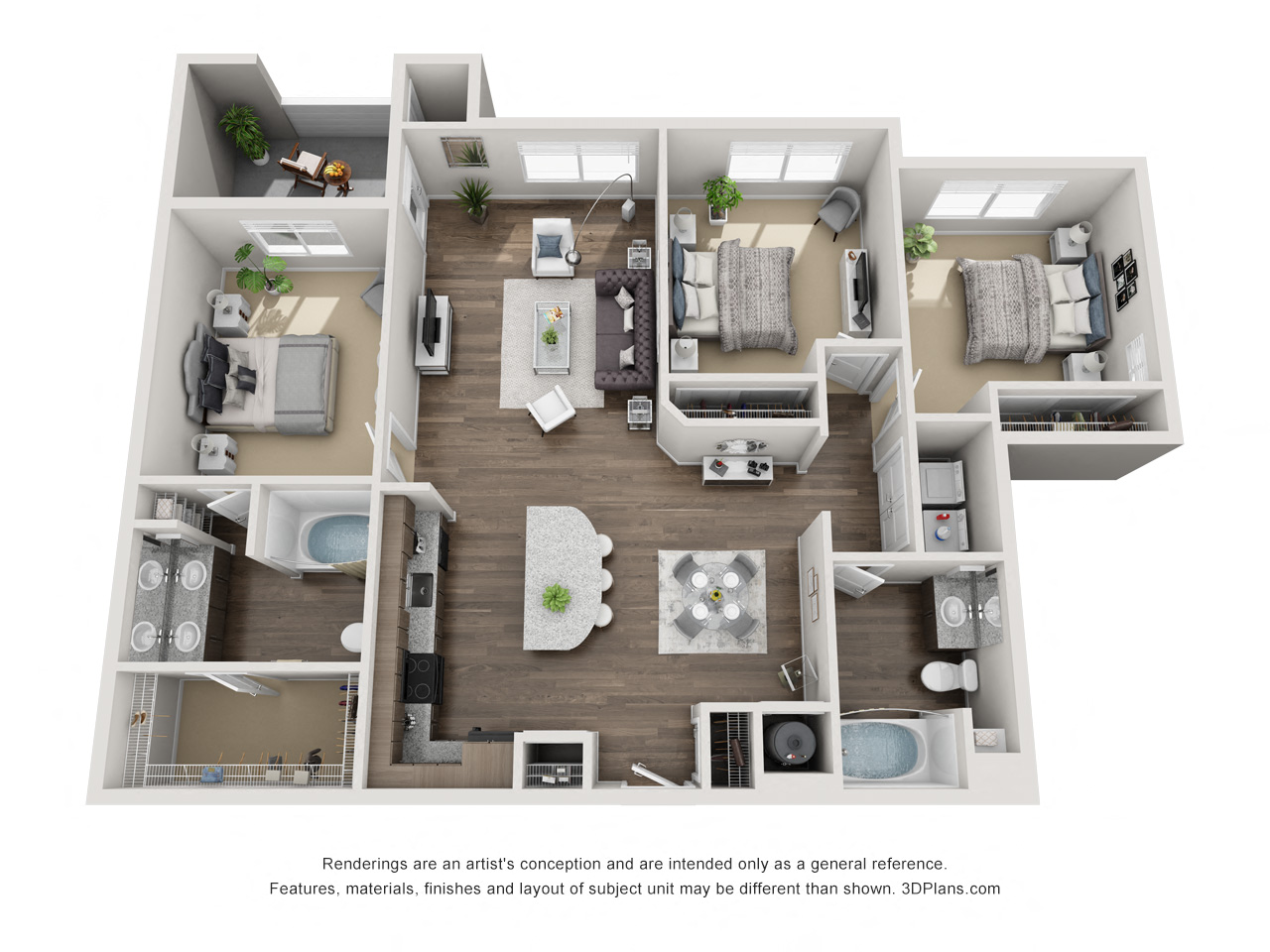 Floor plan for 3 beds, 2 baths, 1358 sqft